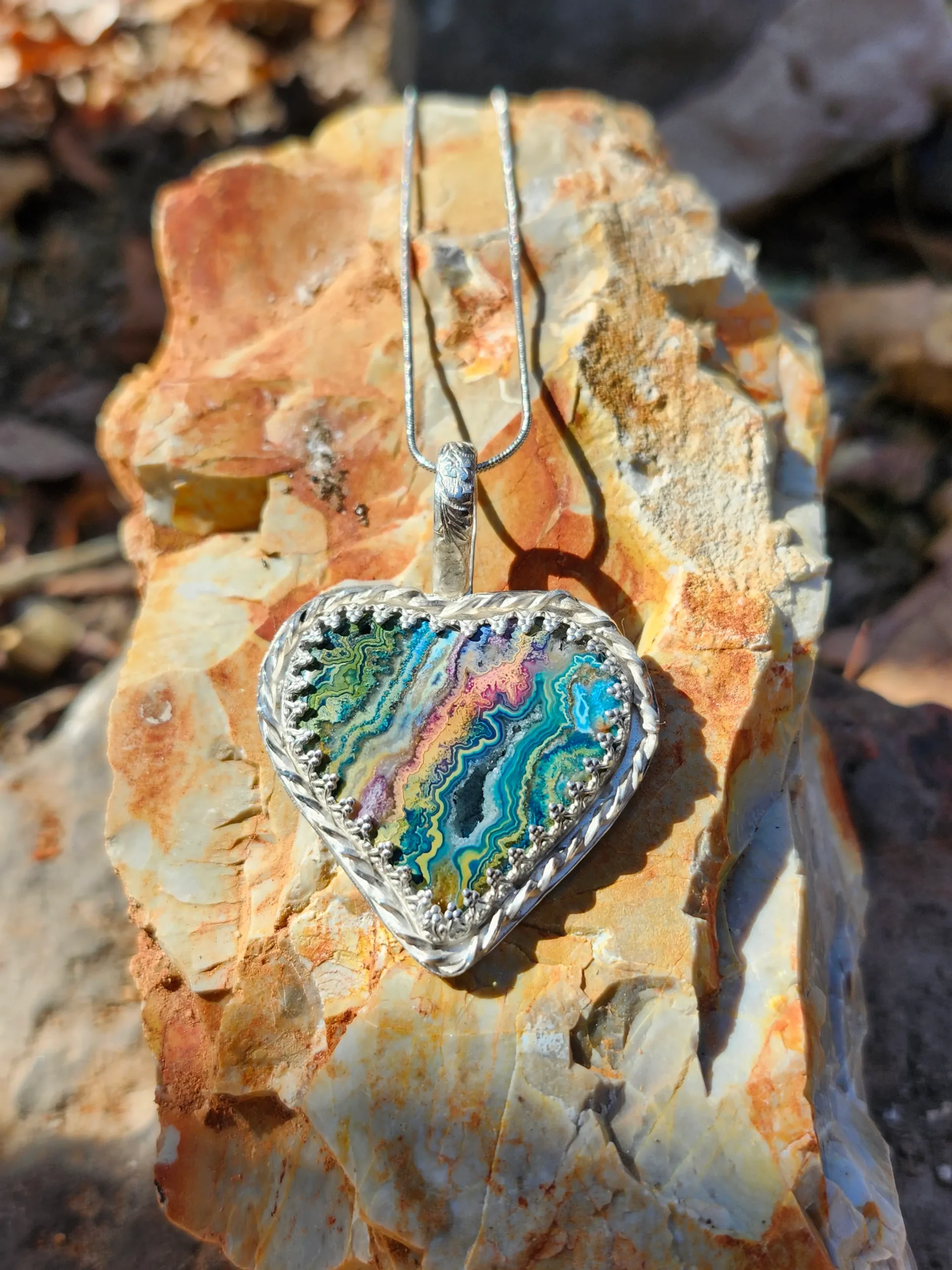 Rainbow Lace Agate in Sterling Silver Heart.