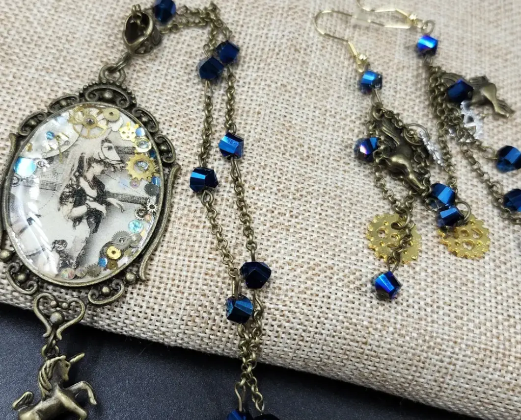 Steampunk Unicorn Masquerade Necklace and Earrings